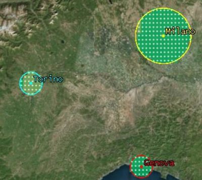 STK coverage grid over Turin, Milan and Genoa