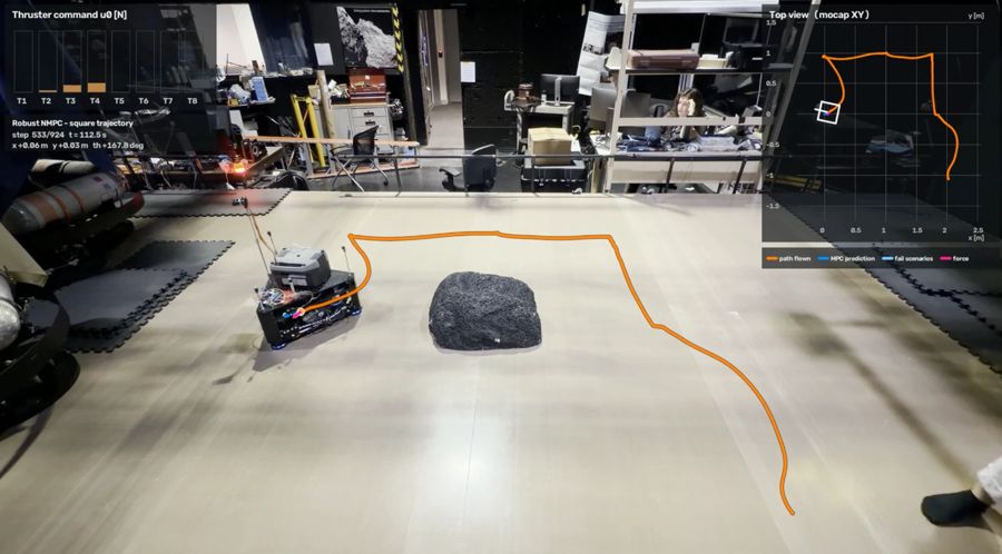 The GSAT sled flying a square trajectory around an obstacle at JPL